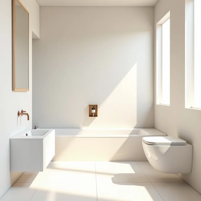 Banheiro pequeno com cores claras para ampliar o espaço.