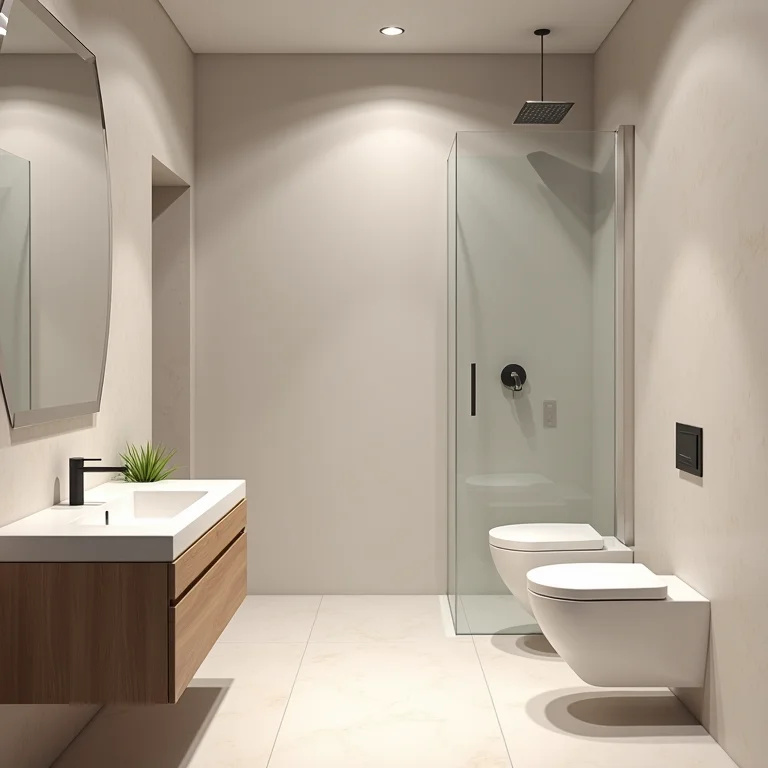 Banheiro pequeno com cores claras que ampliam o espaço