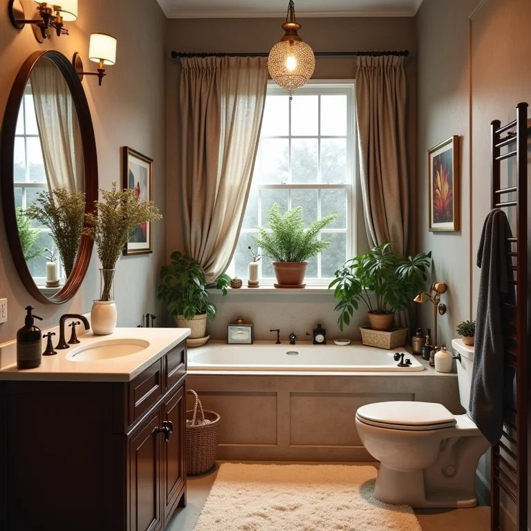 Banheiro pequeno com excesso de objetos decorativos