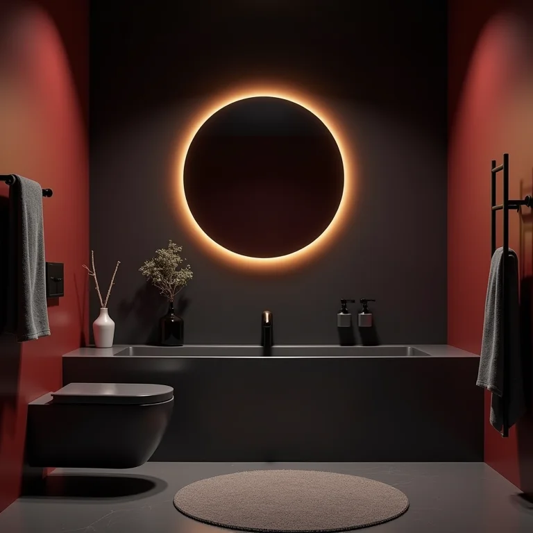 Banheiro pequeno com paredes em cores escuras