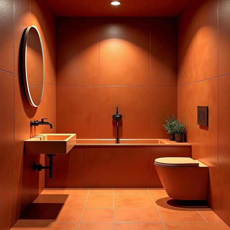Banheiro pequeno com revestimento terracota