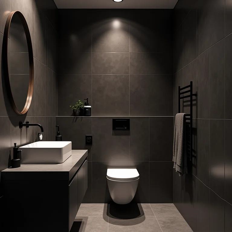 Banheiro pequeno com revestimentos escuros que diminuem o espaço