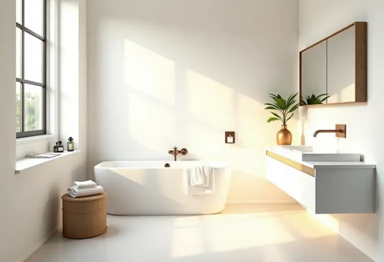 Banheiro pequeno decorado com design minimalista e luz natural