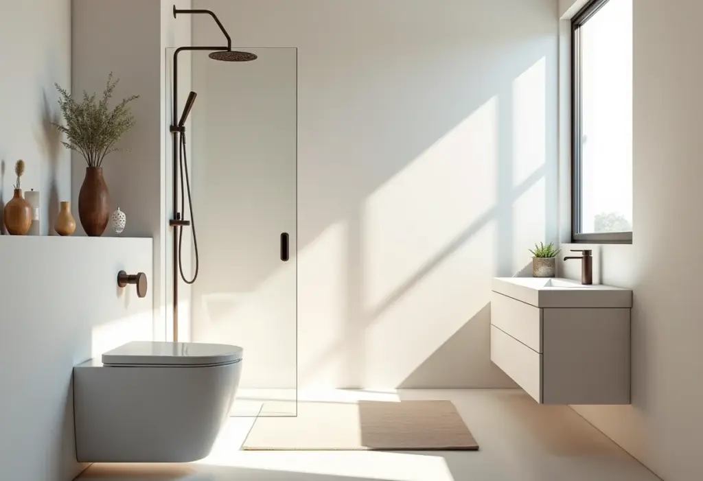 Banheiro pequeno decorado: 7 truques geniais (e baratos) Banheiro pequeno decorado com design moderno e minimalista.