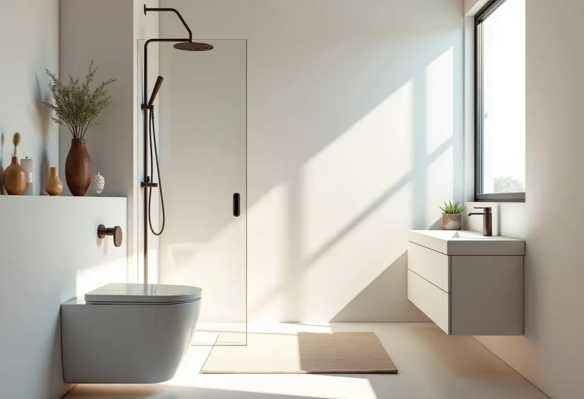 Banheiro pequeno decorado com design moderno e minimalista.
