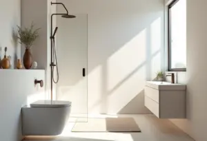 Banheiro pequeno decorado: 7 truques geniais (e baratos) Banheiro pequeno decorado com design moderno e minimalista.