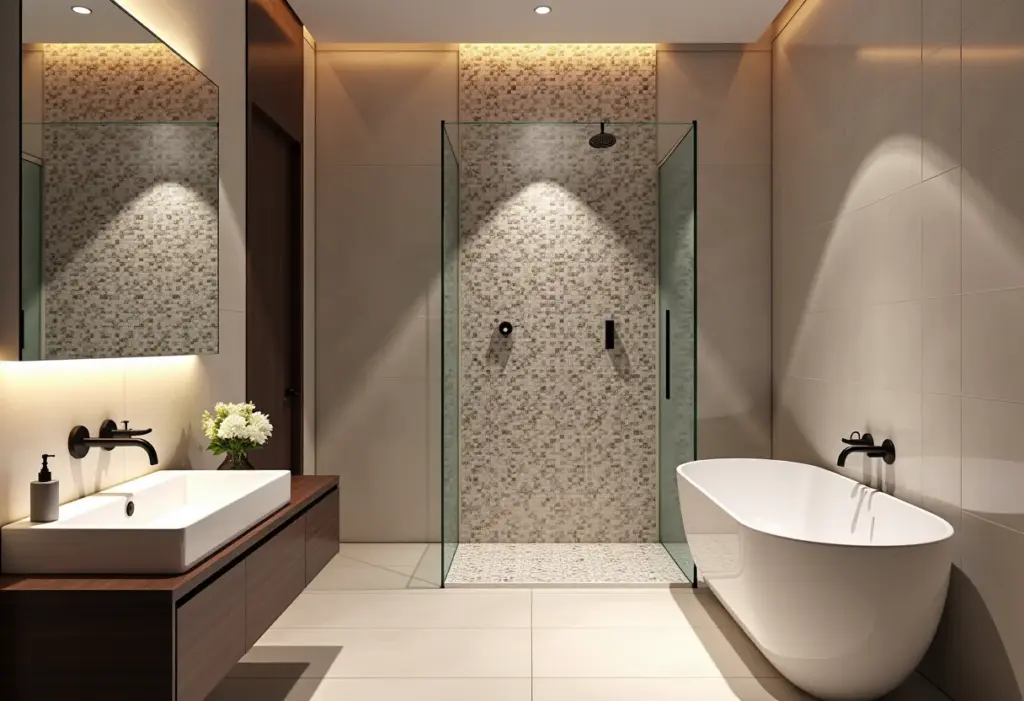 Banheiro Pequeno com Pastilha: O Truque para Ampliar o Espaço Banheiro pequeno e moderno com mosaicos de pastilhas.