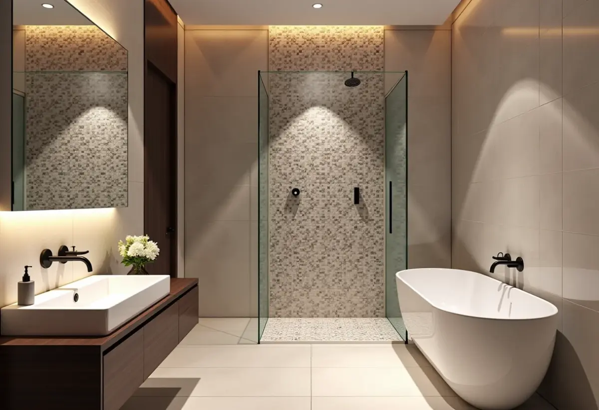 Banheiro Pequeno com Pastilha: O Truque para Ampliar o Espaço Banheiro pequeno e moderno com mosaicos de pastilhas.