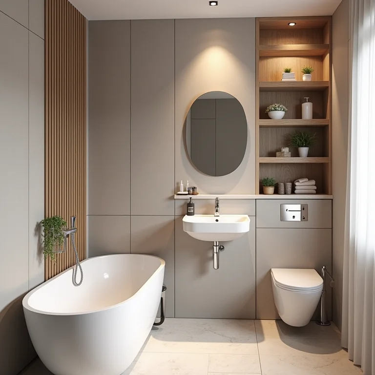 Banheiro pequeno explorando a verticalidade com prateleiras