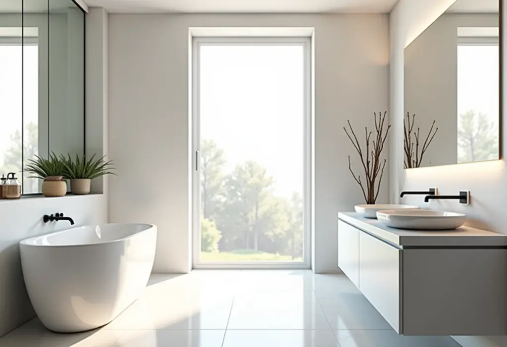 Banheiro recém-reformado com design moderno e iluminação natural abundante