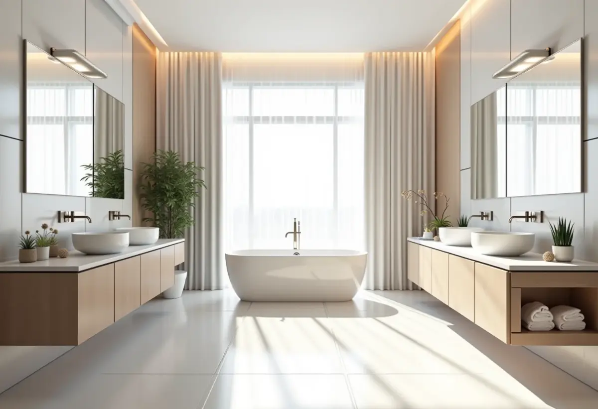 Banheiro recém-reformado com design moderno e iluminação natural abundante.