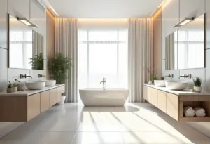 Banheiro recém-reformado com design moderno e iluminação natural abundante.