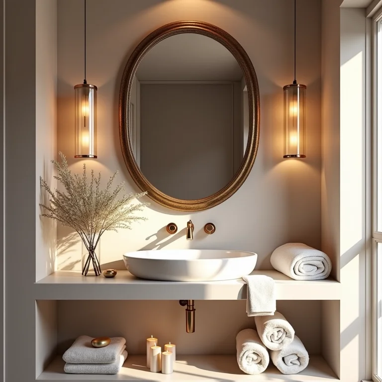 Banheiro relaxante com espelho veneziano e decoração de spa