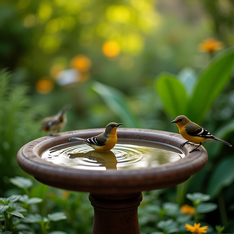 Bebedouro com água limpa em uma horta, atraindo pássaros sedentos.