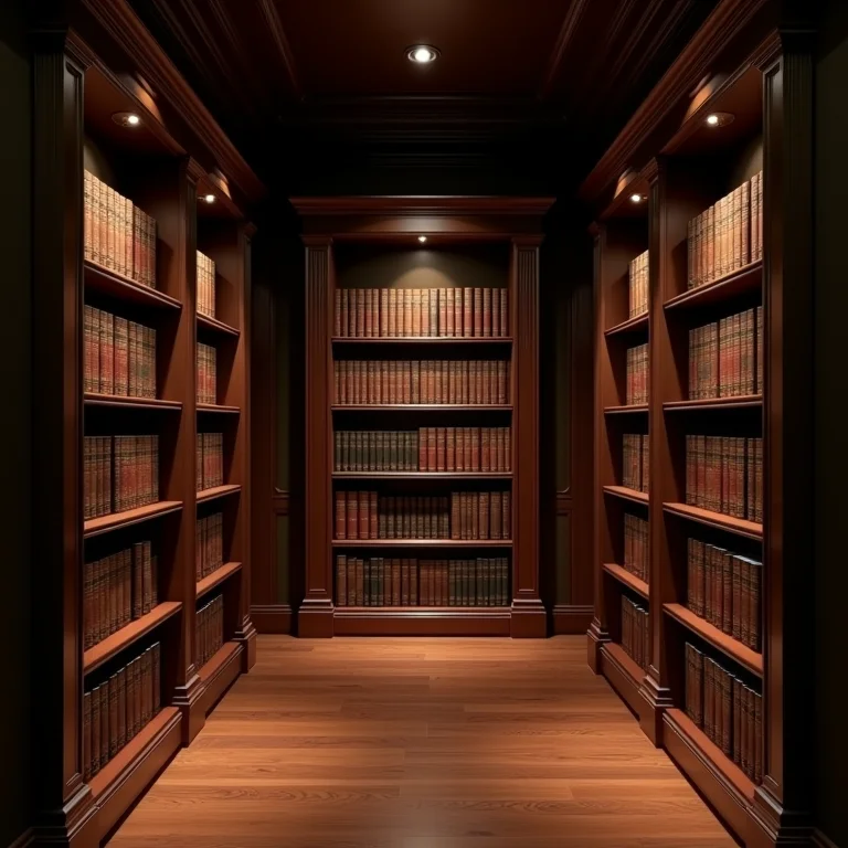 Biblioteca clássica com iluminação indireta realçando a textura dos livros e prateleiras