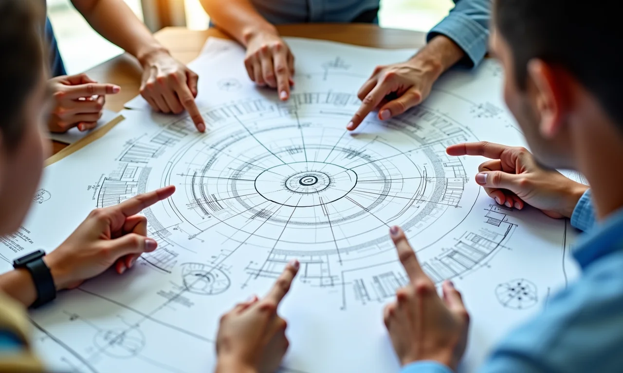 Blueprint detalhado com mãos diversas apontando para marcos importantes.