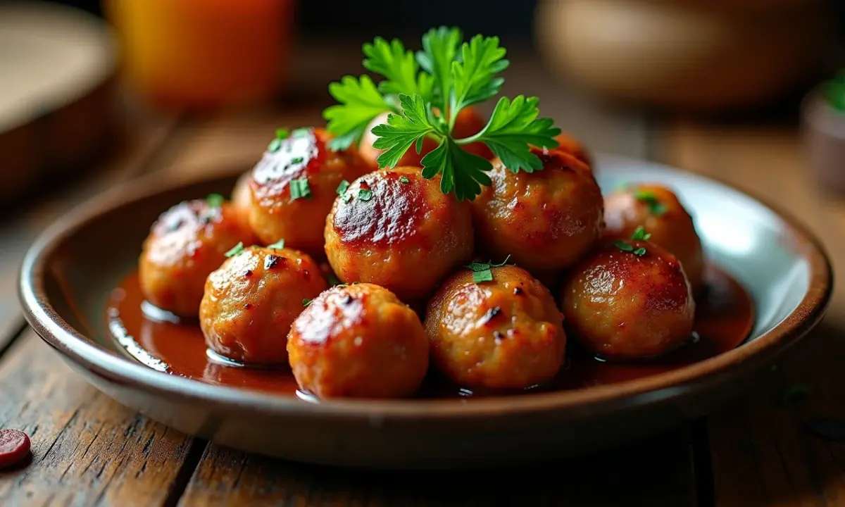 Bolinhos de carne macios e saborosos em uma travessa rústica.