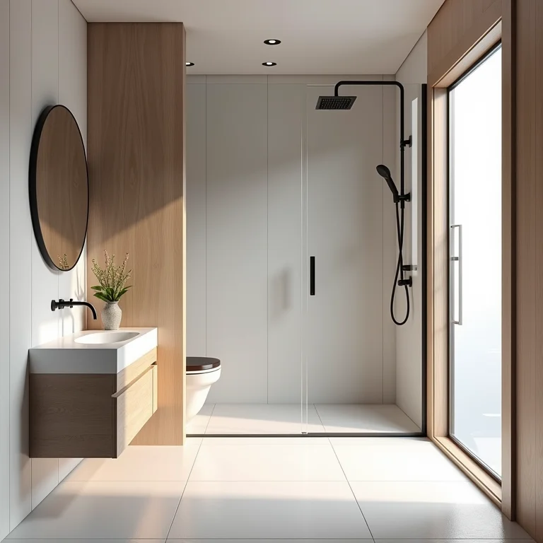 Box de banheiro sob medida em um espaço de banheiro não convencional.