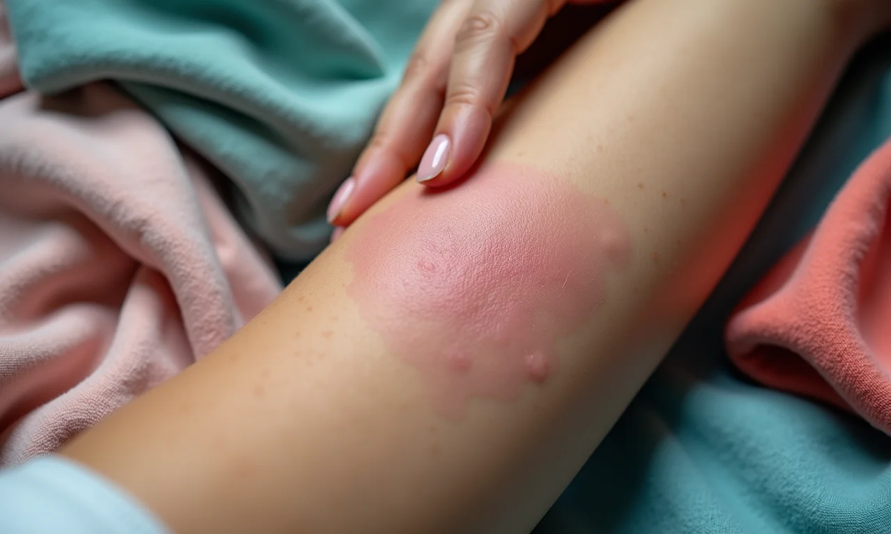 Braço com irritação por tecido sintético, amostras de tecidos ao redor.