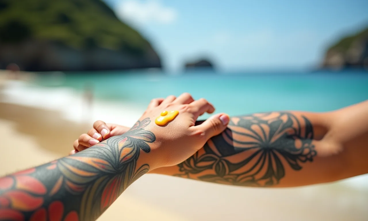Braço tatuado sendo protegido com protetor solar na praia.