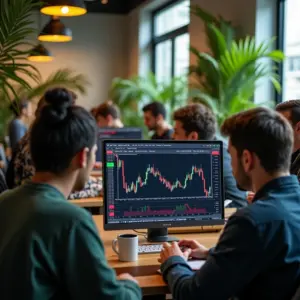 Brasileiros diversos analisando gráficos do Ibovespa em laptops.