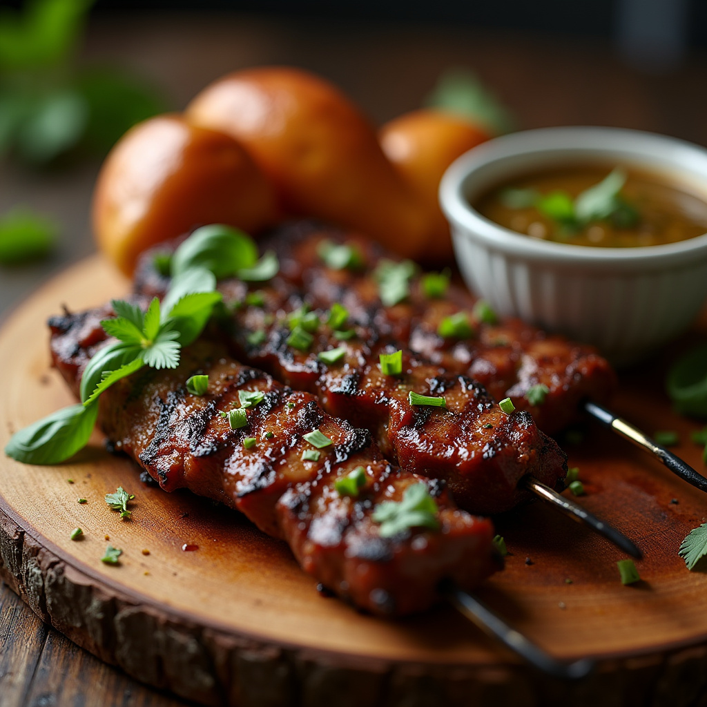 Brazilian BBQ: Grilled beef skewers with homemade chimichurri sauce, served on a wooden board. Espetinho de carne com chimichurri caseiro, churrasco brasileiro.