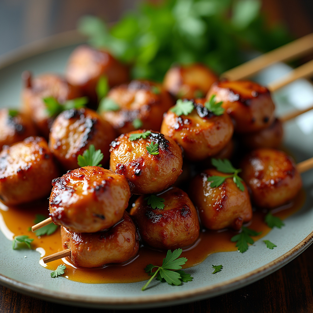 Brazilian BBQ: Grilled chicken heart skewers with garlic sauce, served on a plate with parsley. Espetinho de coração de galinha com molho de alho.