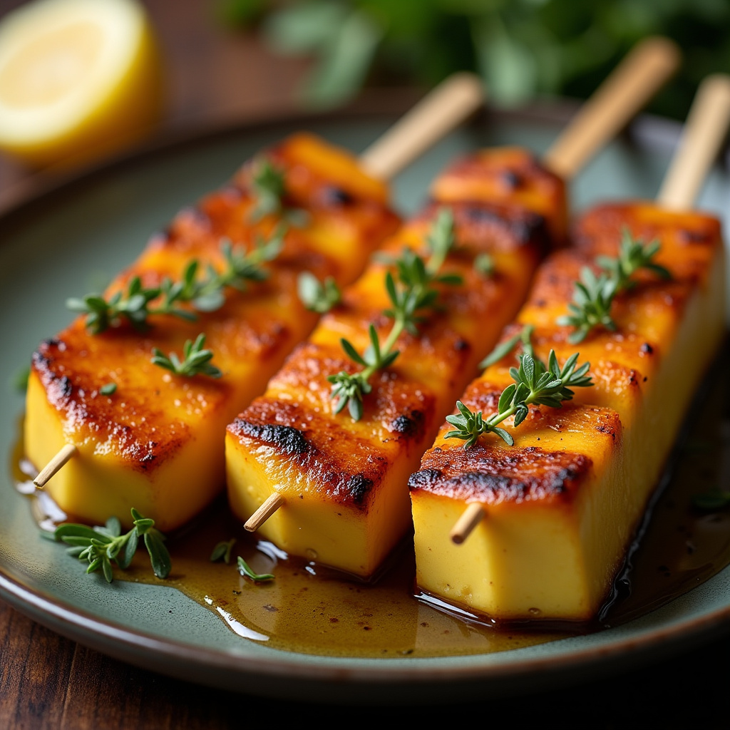 Brazilian BBQ: Grilled coalho cheese skewers with honey and oregano, served on a plate. Espetinho de queijo coalho com mel e orégano.