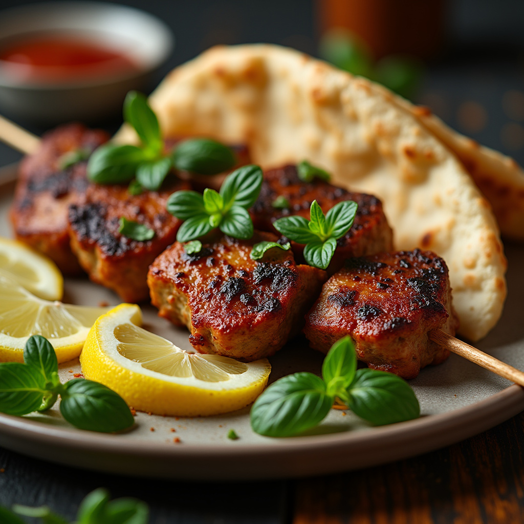 Brazilian BBQ: Grilled kafta skewers with mint and lemon, served on a pita bread. Professional Espetinho de kafta com hortelã e limão.