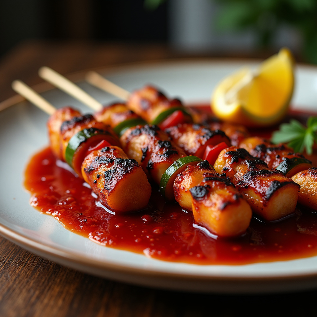Brazilian BBQ: Grilled romeu e julieta skewers, served on a plate with red fruits sauce. Espetinho de Romeu e Julieta.