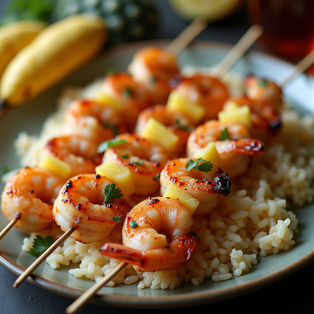 Brazilian BBQ: Grilled shrimp skewers with pineapple and coconut, served on a plate with rice. Espetinho de camarão com abacaxi e coco.