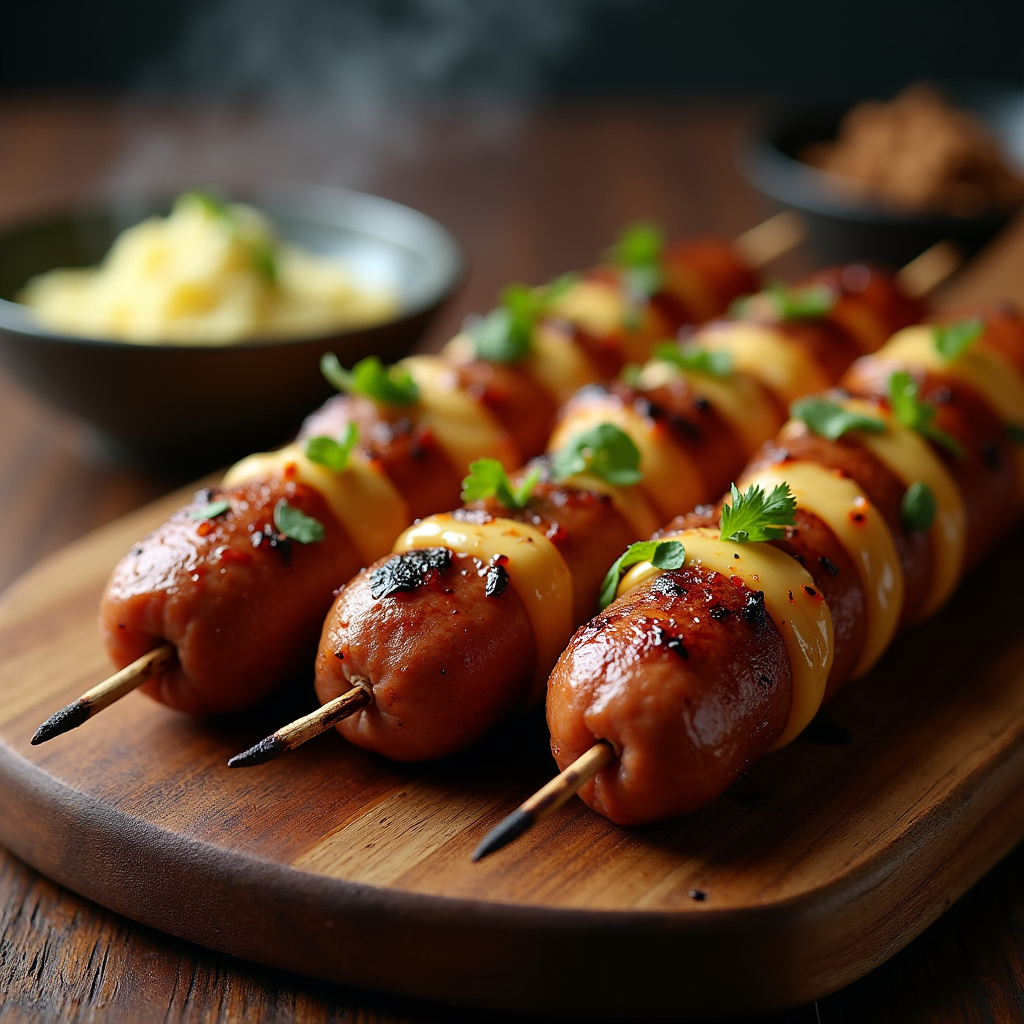 Brazilian BBQ: Grilled Toscana sausage skewers with coalho cheese, served on a rustic wooden table. Espetinho de linguiça toscana com queijo coalho.