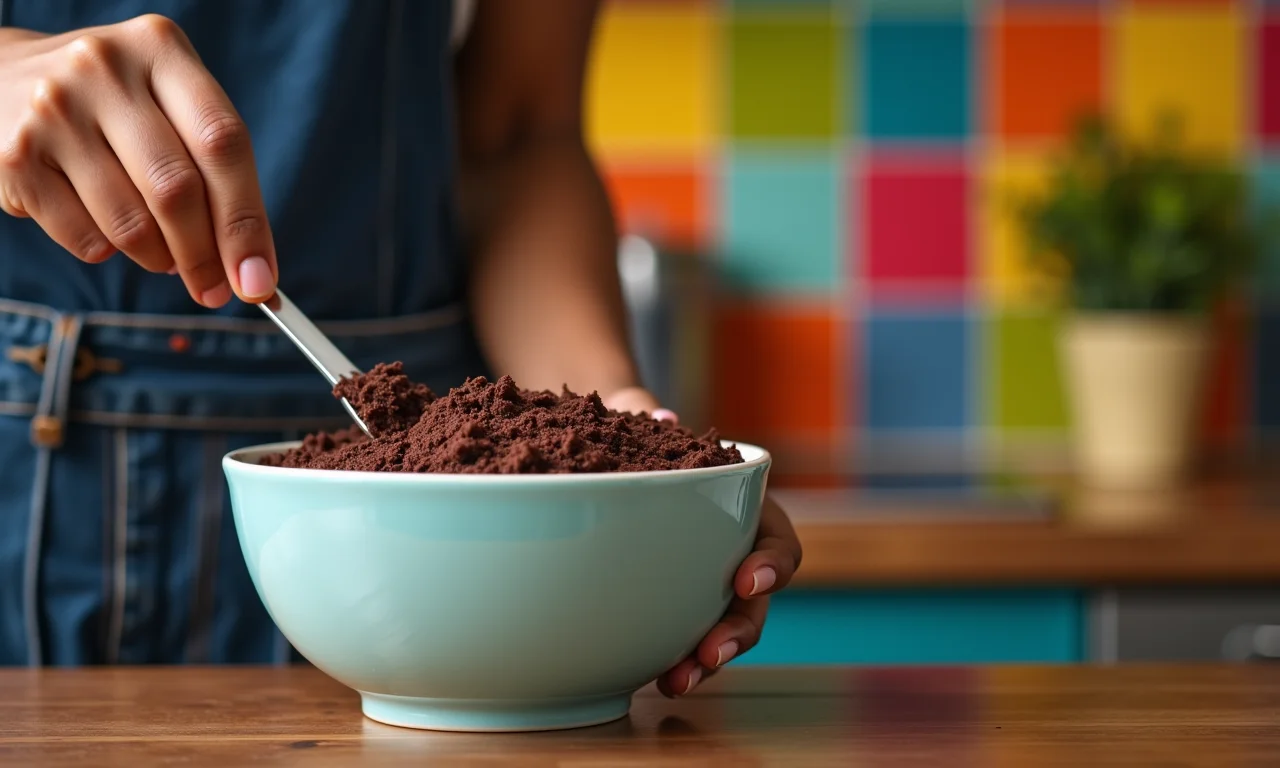 Brigadeiro sendo preparado em um recipiente de micro-ondas por uma mulher.