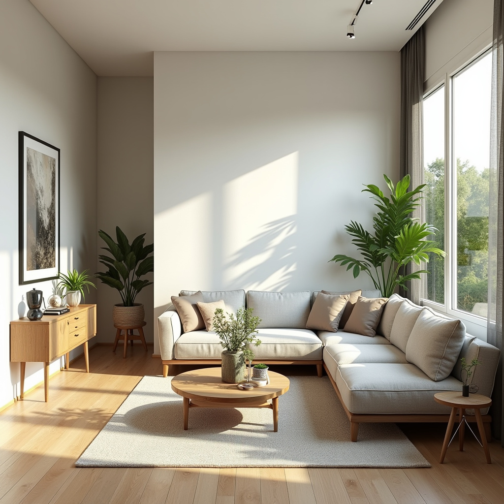 Bright, airy living room renovation, Brazilian design, natural light, modern furniture, plants, Sala de estar reformada com design brasileiro e iluminação natural.