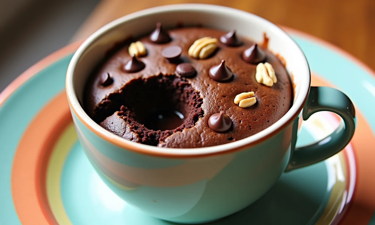 Brownie de micro-ondas com topo rachado e centro cremoso em uma caneca.