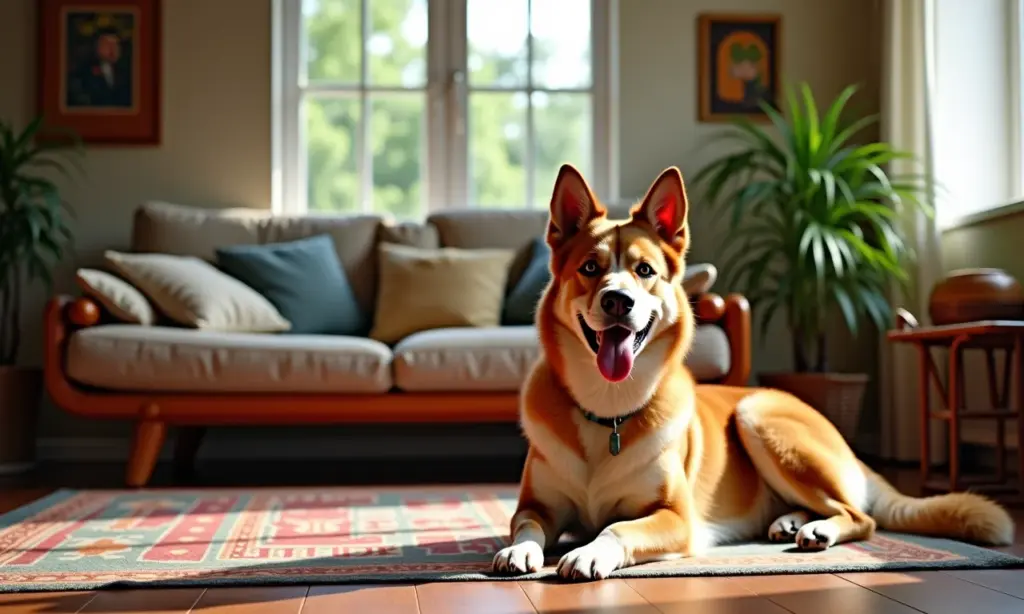 Cachorro relaxando em sala decorada em estilo brasileiro com tapete colorido.