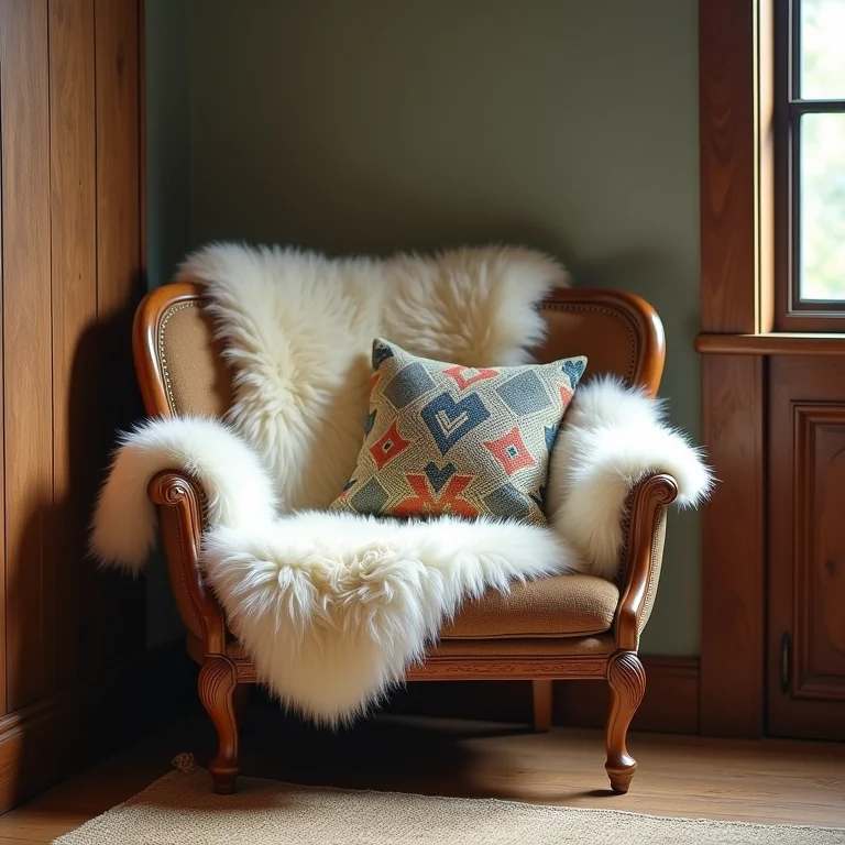 Cadeira de madeira vintage com decoração boho autêntica