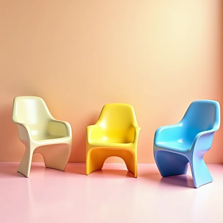 Cadeiras coloridas com acabamento em laca em diversas cores vibrantes.