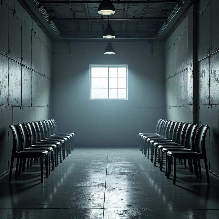 Cadeiras de metal desconfortáveis em um ambiente industrial.