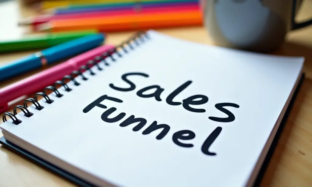 Como Criar Um Funil de Vendas Para Pequenos Negócios Caderno aberto com título 'Funil de Vendas' em mesa colorida e iluminada.