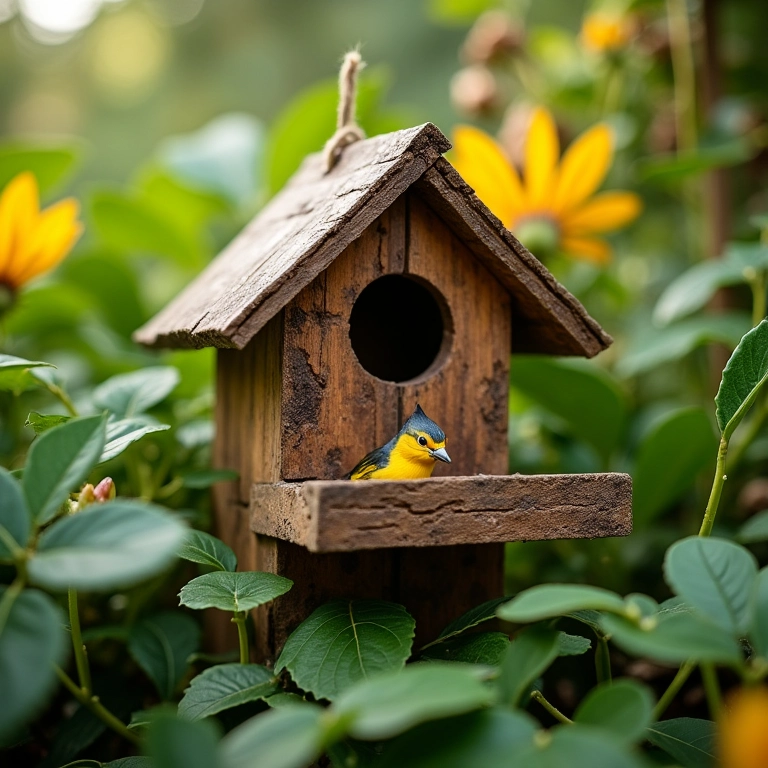 Caixa-ninho artesanal instalada em uma horta, oferecendo um lar para os pássaros.