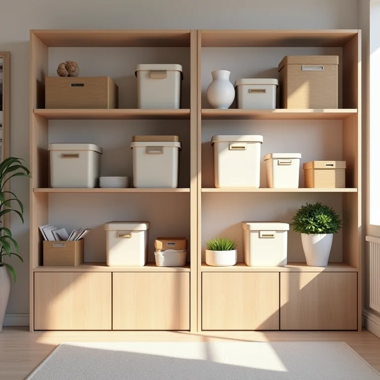 Caixas organizadoras otimizando o espaço em um apartamento studio.