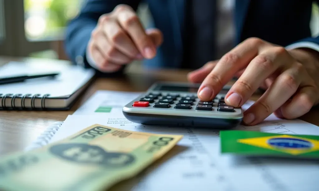 Calculadora, dinheiro brasileiro e anotações simbolizam controle financeiro para MEI.