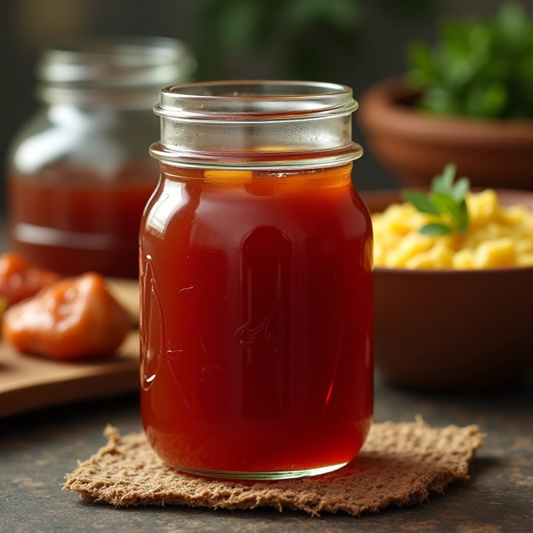 Caldo de carne caseiro em potes de vidro, ingredientes frescos e pratos brasileiros ao fundo.