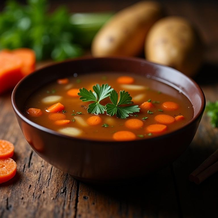 Caldo de carne clássico com legumes frescos e salsa, servido em uma mesa rústica de madeira.