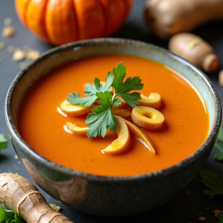 Caldo de carne com abóbora e gengibre, decorado com coentro fresco em uma cozinha colorida.