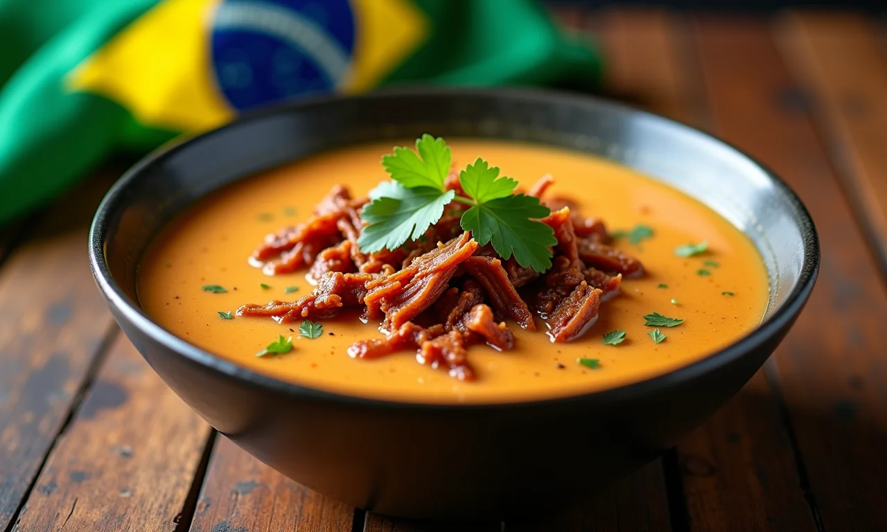 Caldo de mandioquinha com carne seca e coentro, mesa de madeira rústica.