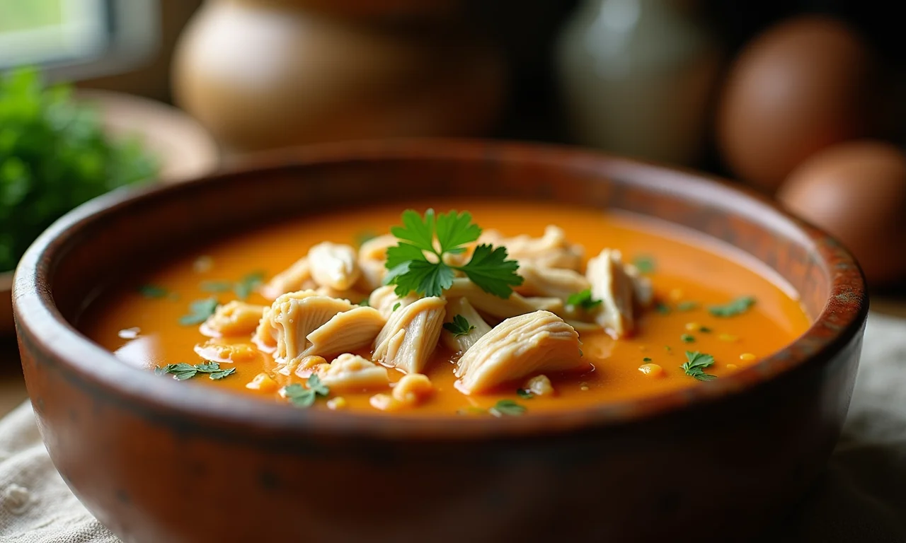 Caldo de mandioquinha com frango desfiado, decorado com salsinha.