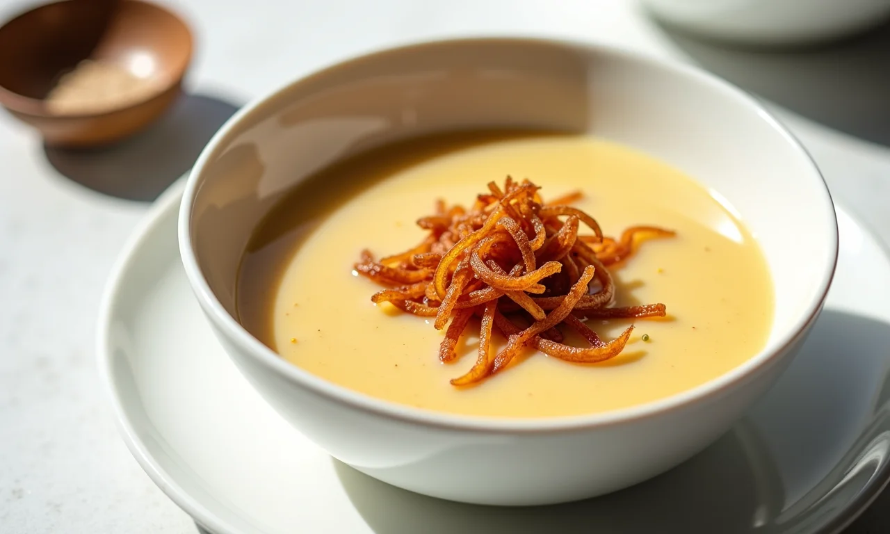 Caldo de mandioquinha vegano com leite de coco e cebola crocante.