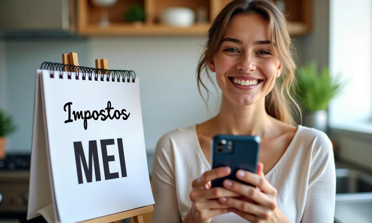 Calendário marcando 'Impostos MEI' com pessoa sorrindo.